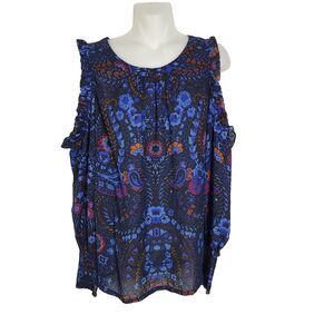 Ann Taylor Loft Womens Top Small Cold Shoulder Floral Print Long Sleeve Ruffles